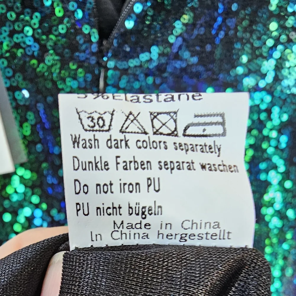 NWT Sequin Ruched V-Neck Dress in Iridescent Green and Blue - Picture 7 of 11